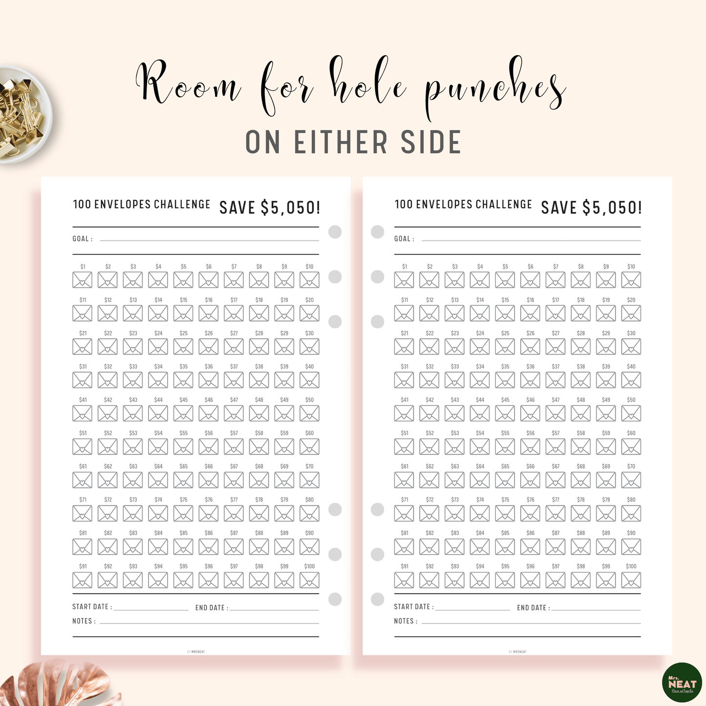 100 envelope money saving challenge to save $5050 Planner with room for hole punches on either side