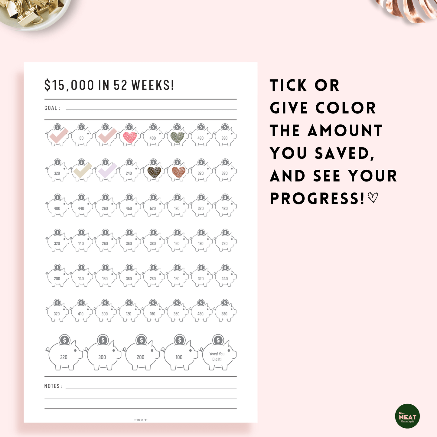 Tick up the amount you saved on this cute piggy bank $15000 saving challenge and see your saving progress