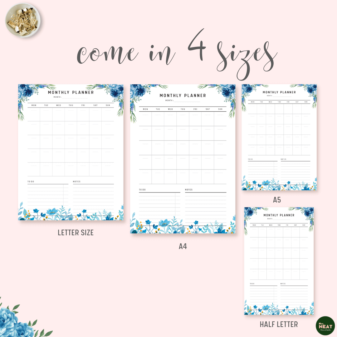 Blue Floral Monthly Planner Printable in A4, A5, Letter and Half Letter size