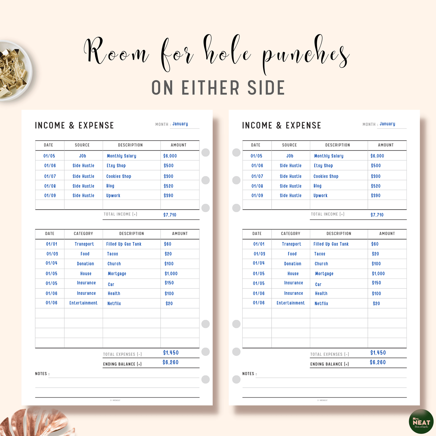 Income and Expense Tracker Planner in one page with room for hole punches on either side