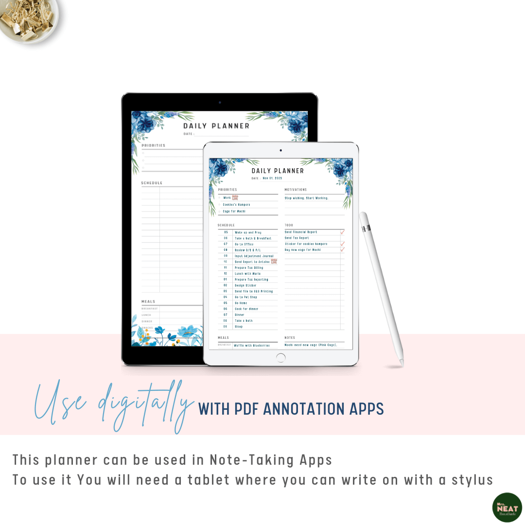 Blue Floral Daily Planner used Digitally with Tablet and Stylus