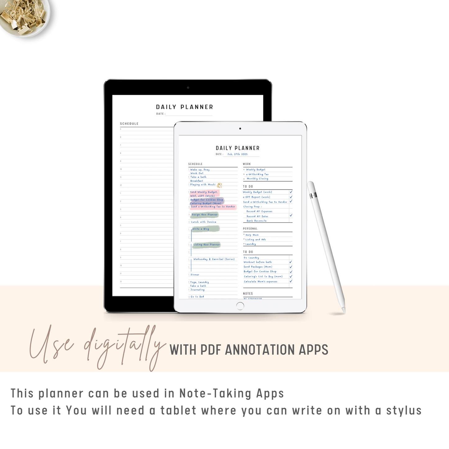 Work from Home Daily Planner used Digitally with Tablet and Stylus