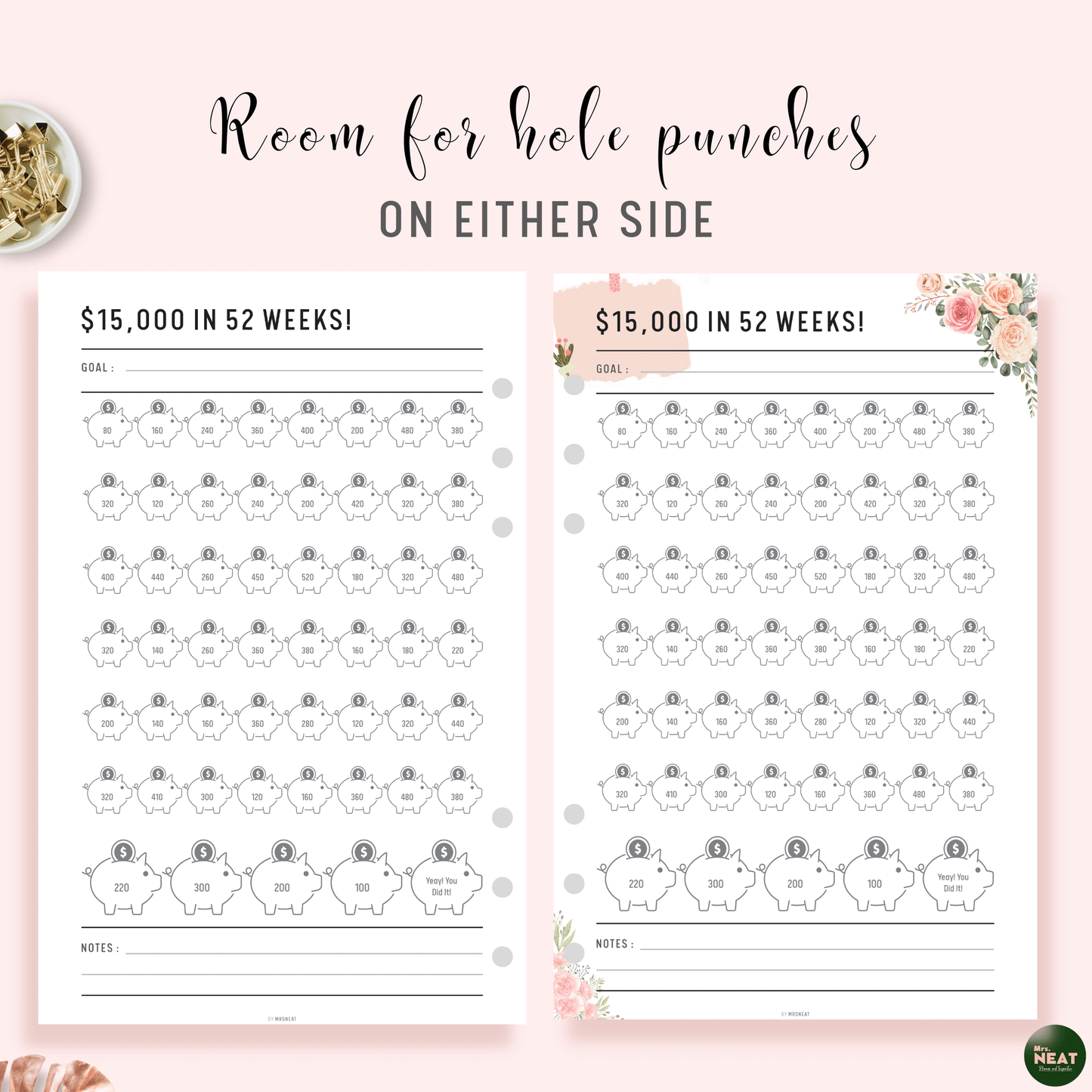 $15,000 Savings Challenge in 52 Week Planner in Neutral & Floral Theme with room for hole punches on either side