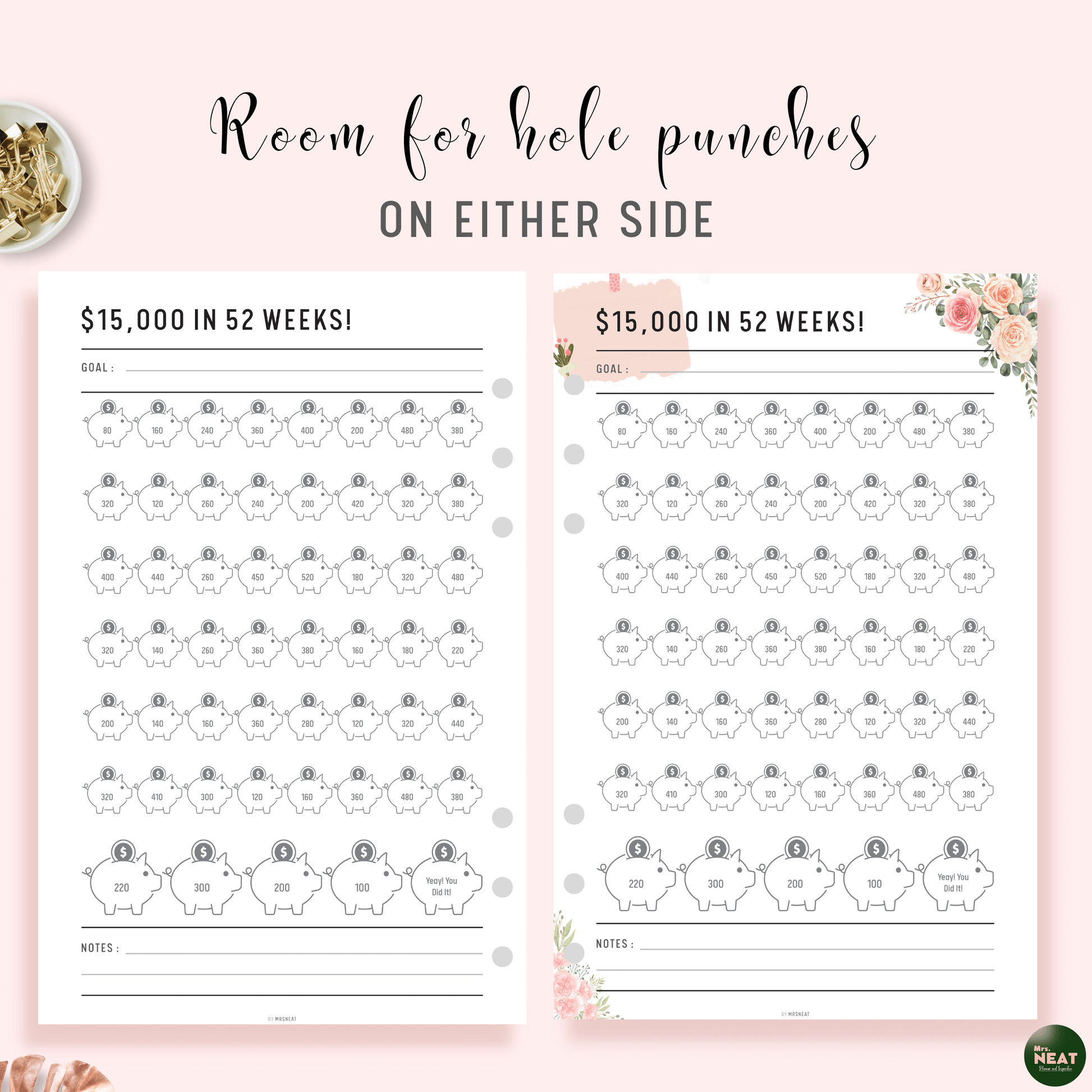 $15,000 Savings Challenge in 52 Week Planner in Neutral & Floral Theme with room for hole punches on either side