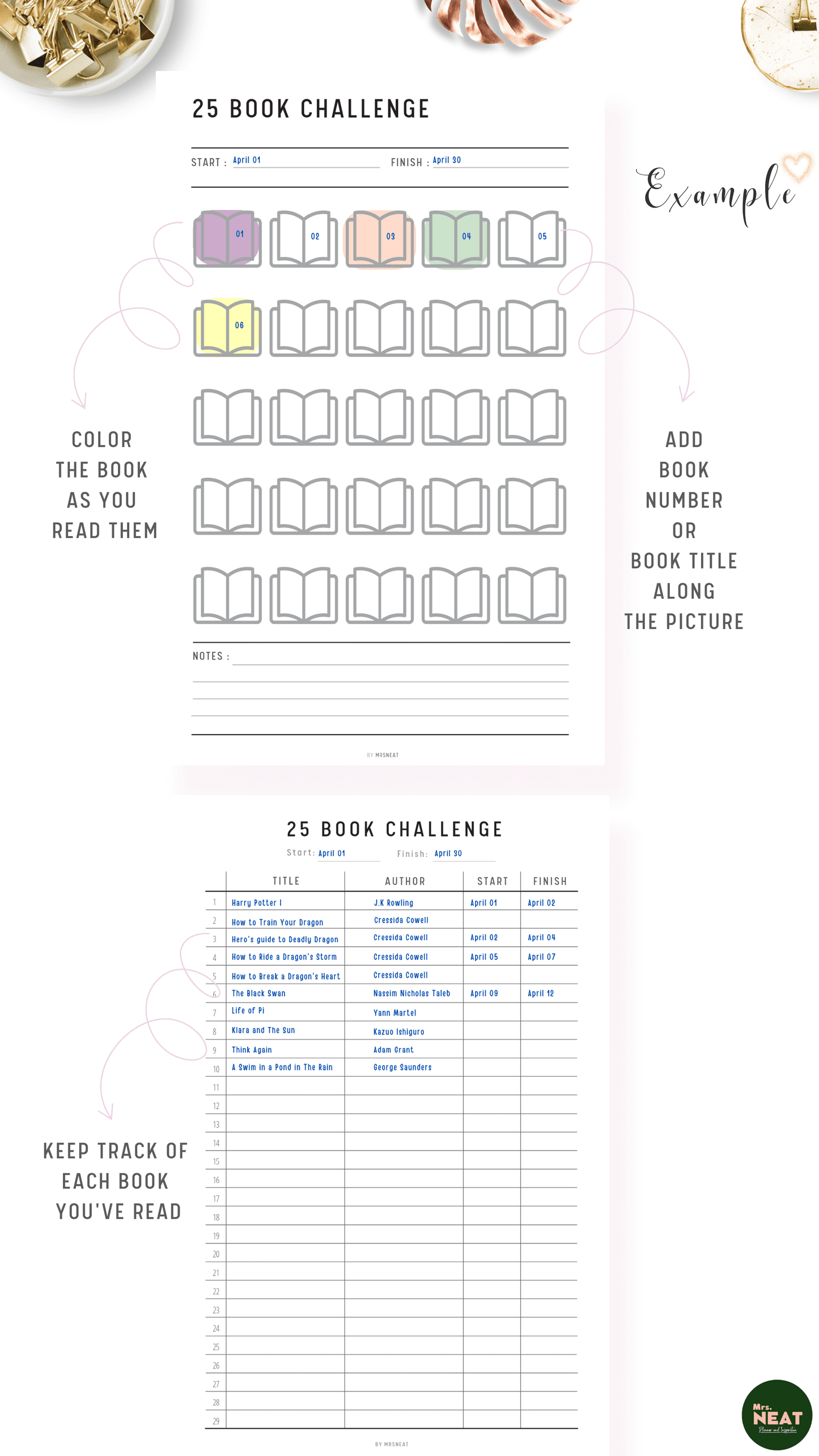 Example of 25 Book Challenge Planner with purple, pink, green and yellow color on the book