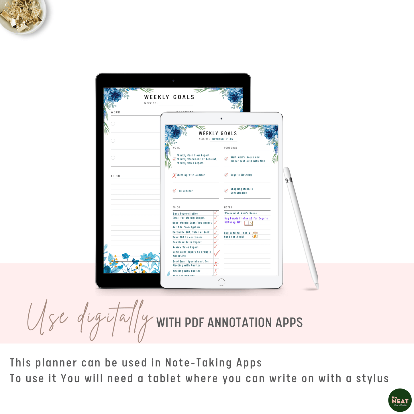 Blue Floral Weekly Goal Tracker Planner used digitally with Tablet and Stylus