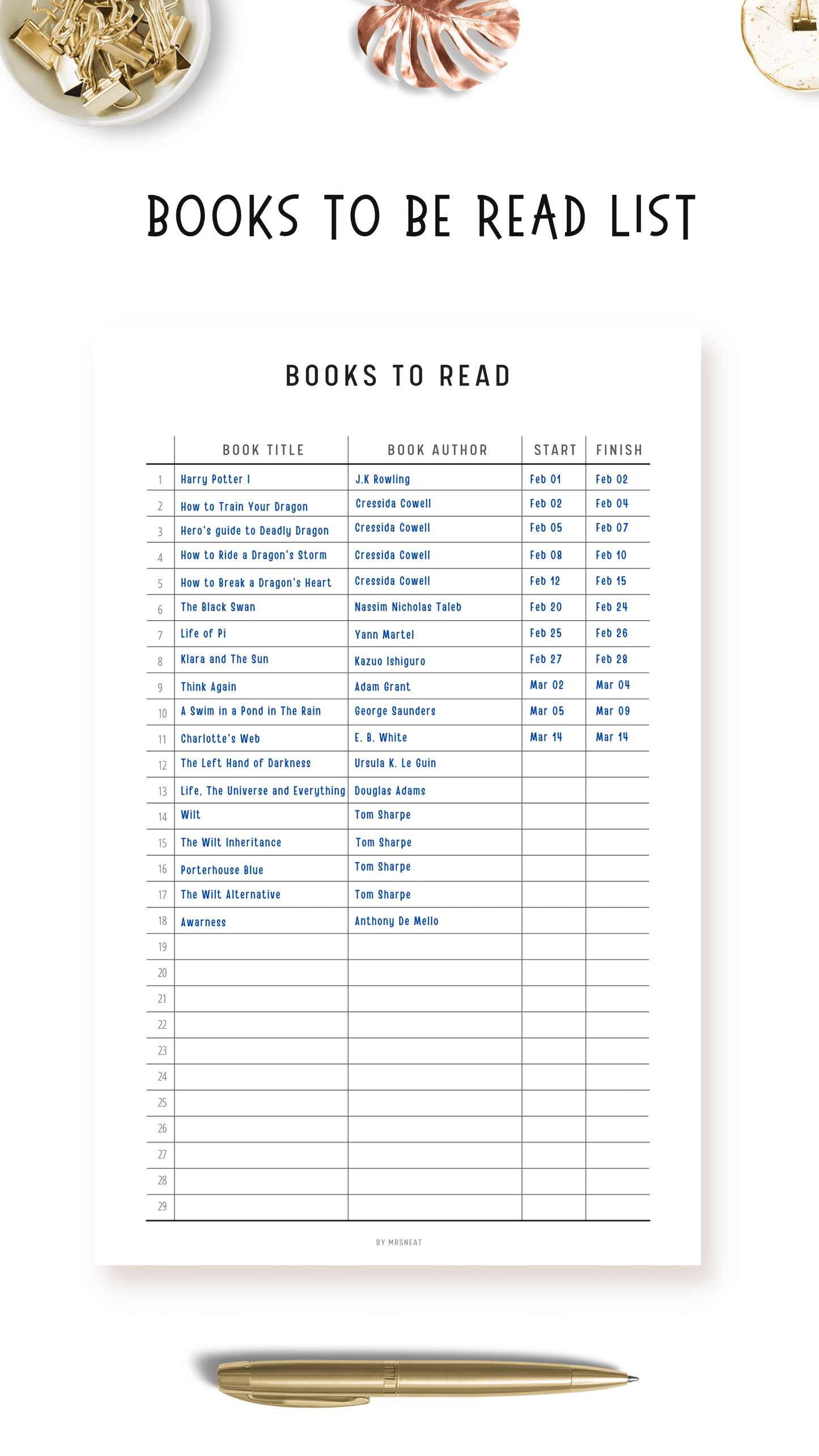 Beautiful and clean Book to Read Planner with room for Book title, book author, and start to finish reading date