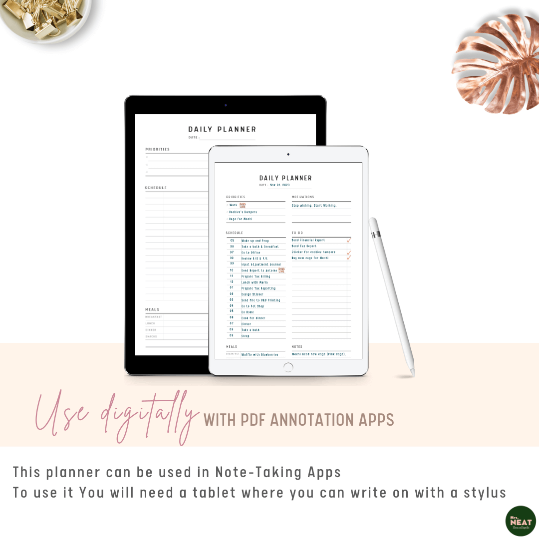 Minimalist Daily Planner used digitally with Tablet and Stylus