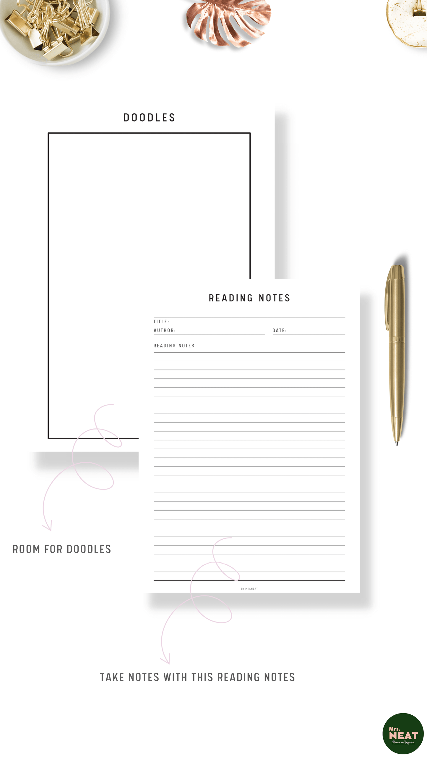 Doodles and Reading Notes Planner in clean and minimalist design