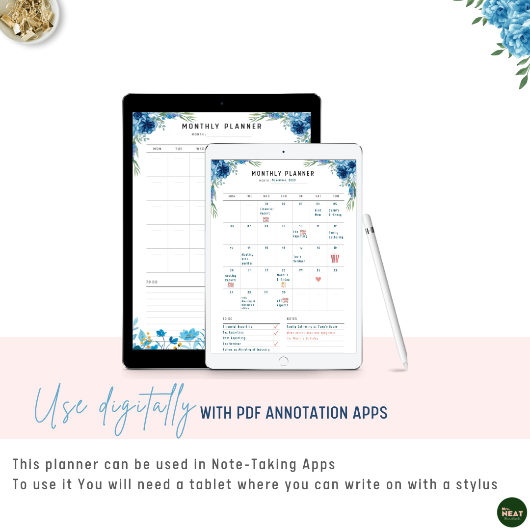 Blue Floral Monthly Planner used Digitally with Tablet and Stylus