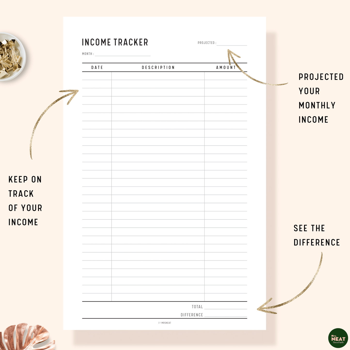 Income Tracker Planner with room for monthly projected, actual incomes, total and differences