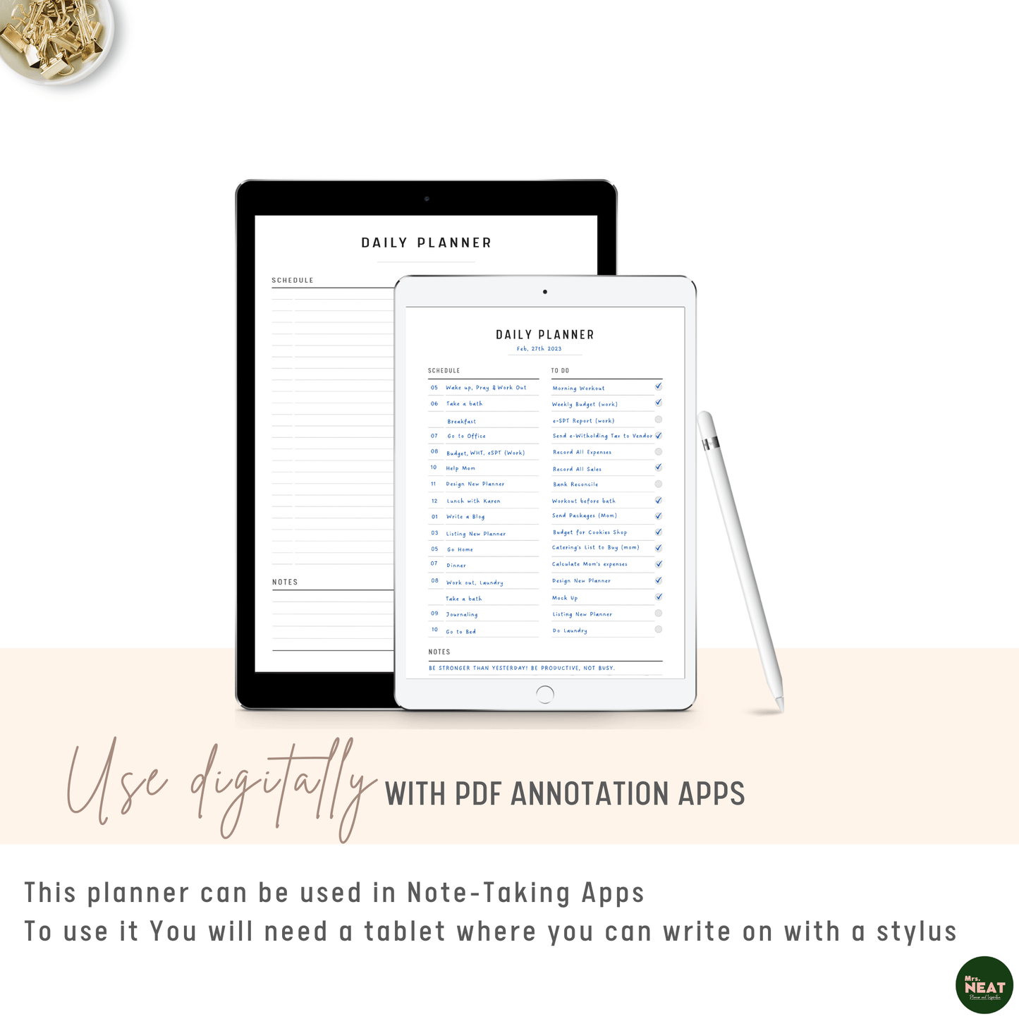 Simple and Minimal Daily Planner used Digitally with Tablet and Stylus