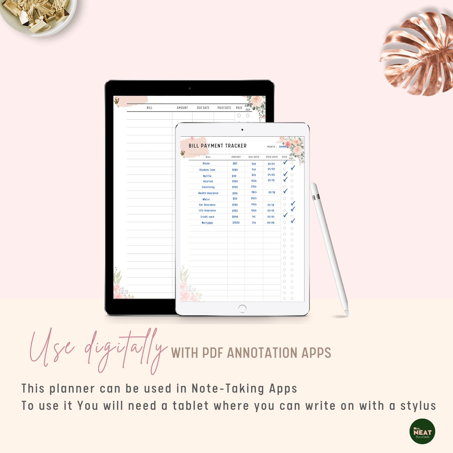 Floral Monthly Bill Payment Tracker Planner used Digitally with Tablet and Stylus