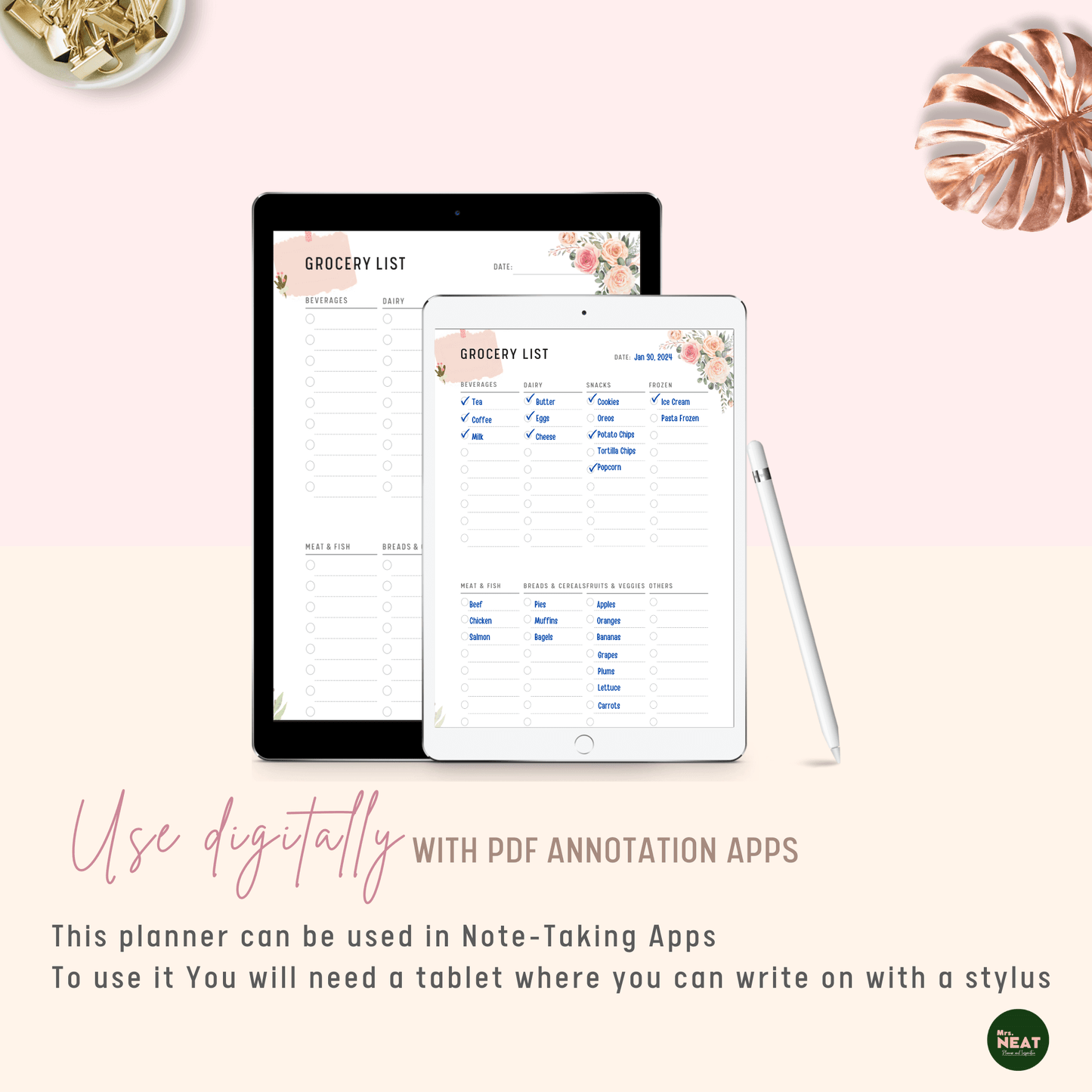 Cute Pink Floral Grocery List Planner used Digitally with Tablet and Stylus