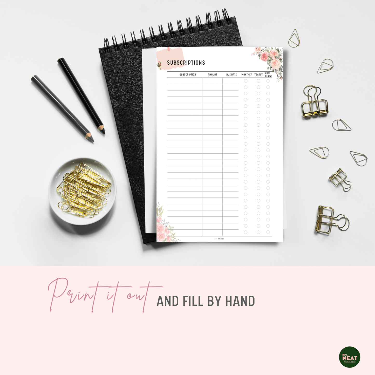 Floral Subscription Tracker Planner Printable printed out on the paper