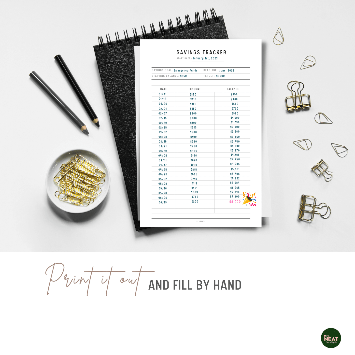 Saving Tracker Planner Printable printed out on the paper with stationery surround