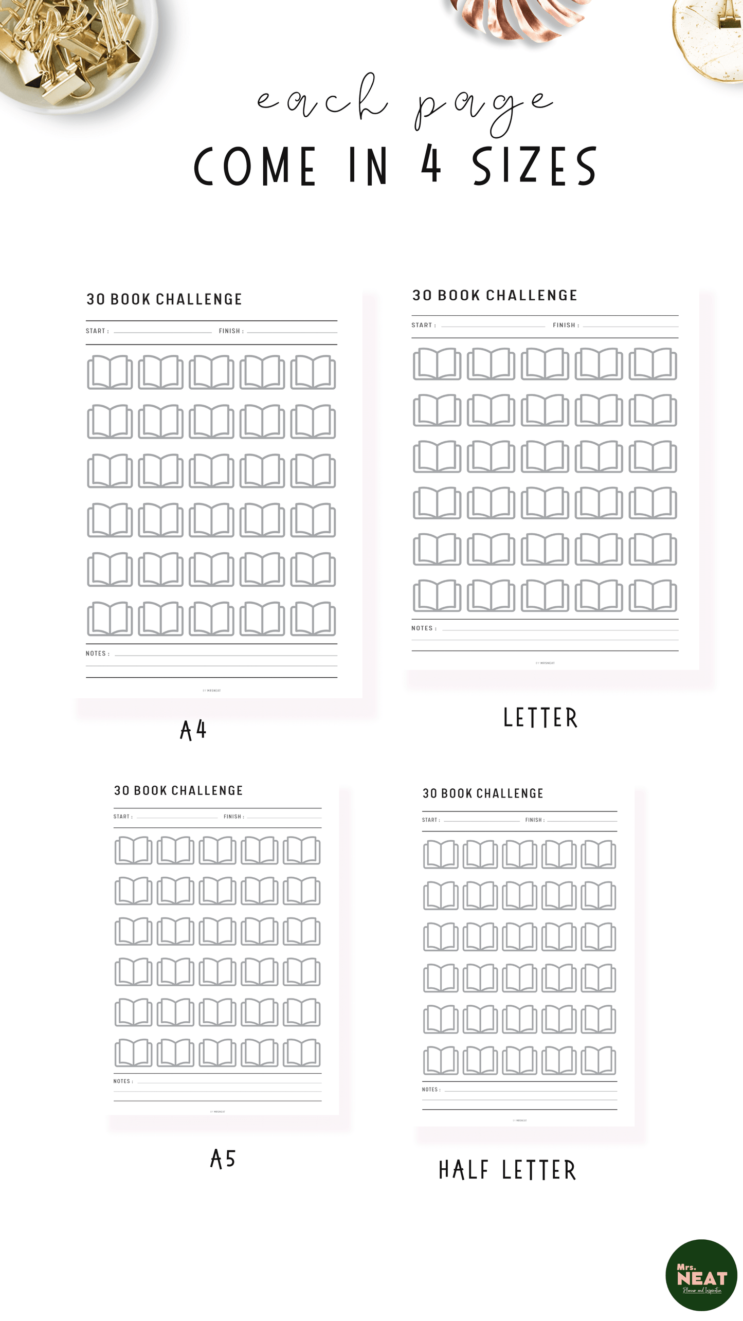 Clean and beautiful 30 Book Challenge Planner in Letter size, A4, A5 and Half Letter size