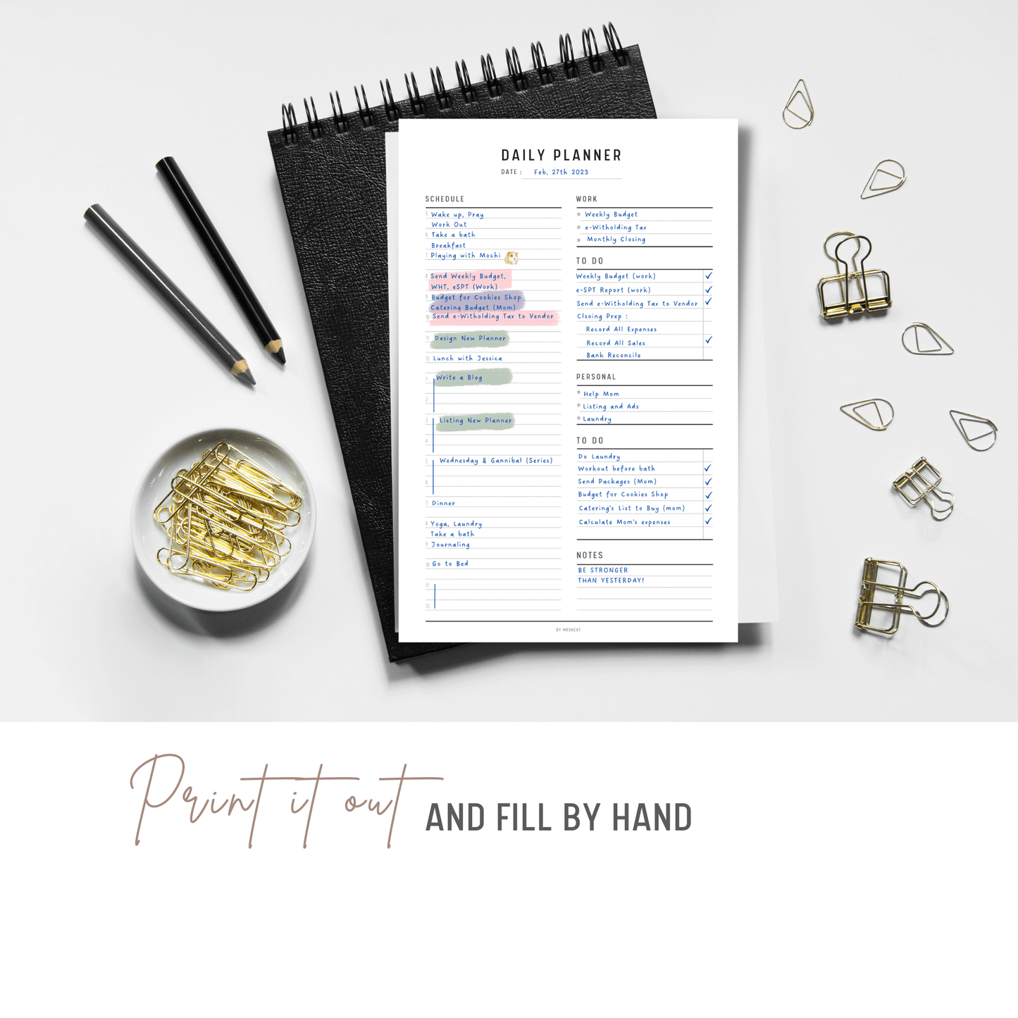 Work from Home Daily Planner Printable printed out on the paper