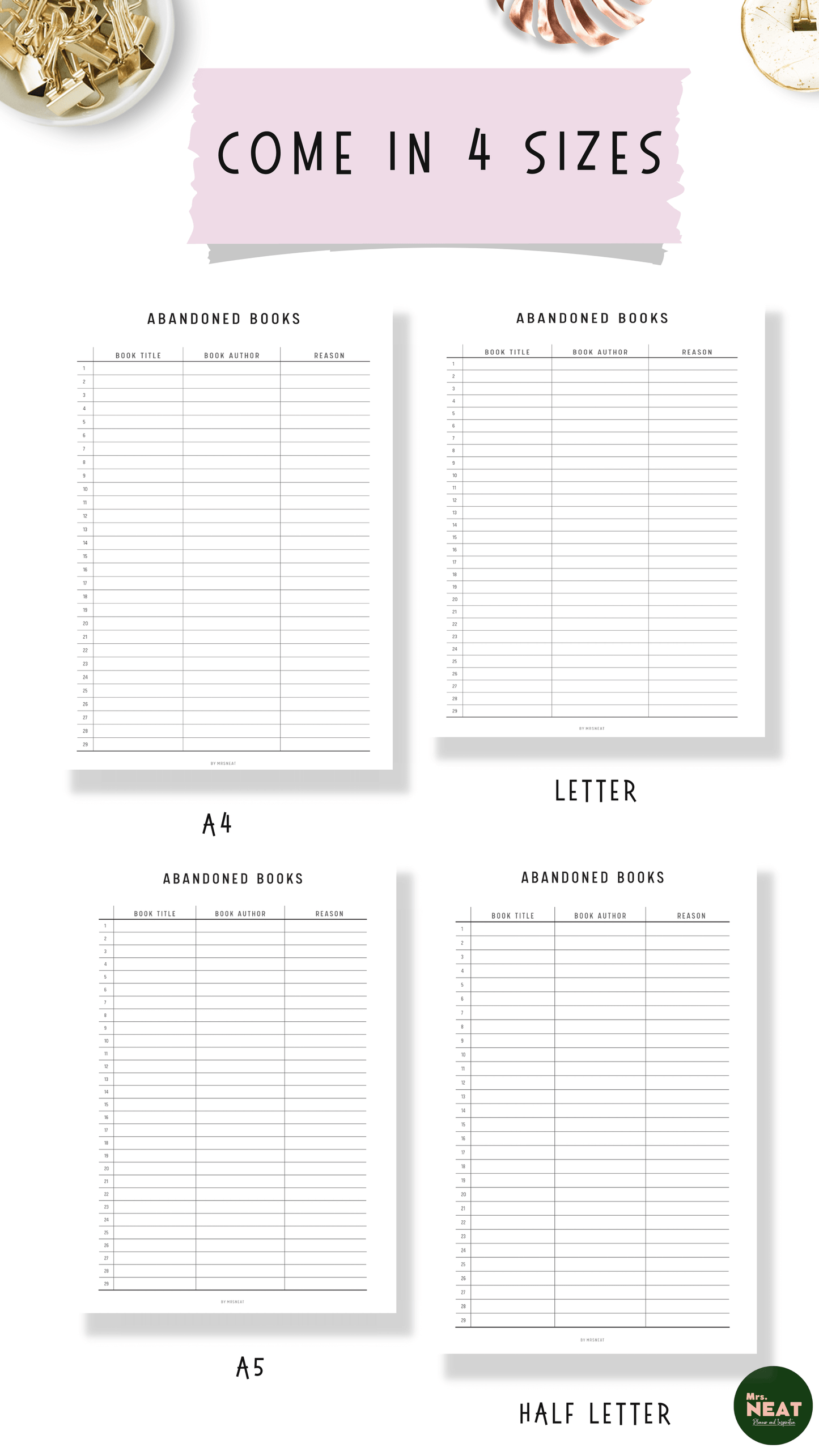 Abandoned Books Planner in Letter size, A4, A5 and half letter size