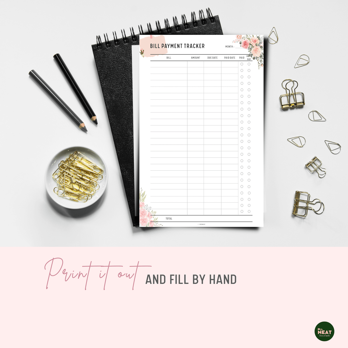Floral Monthly Bill Payment Tracker Printable printed out on paper and put on the black book