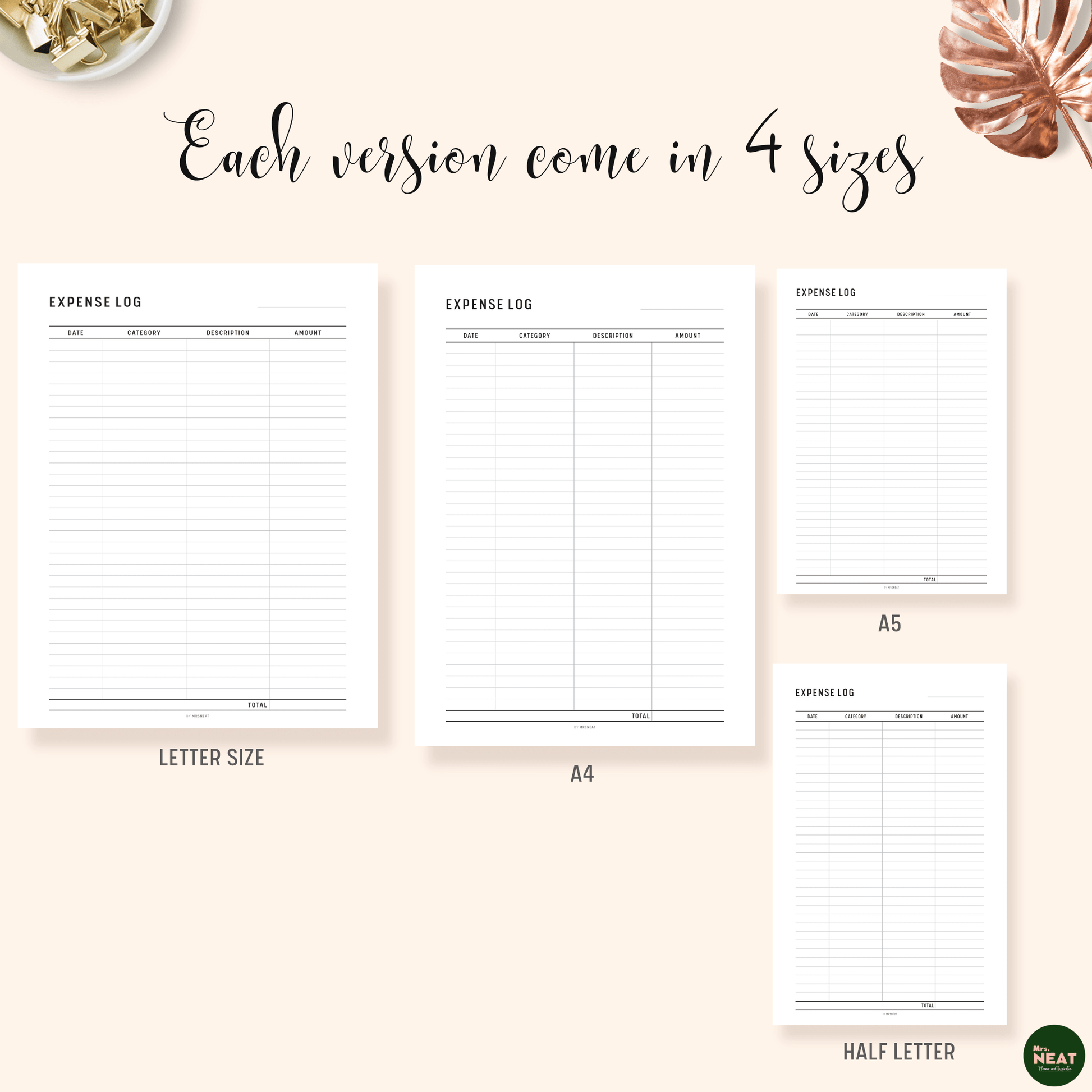 Expense Log Tracker Printable Planner in A4, A5, Letter and Half Letter size