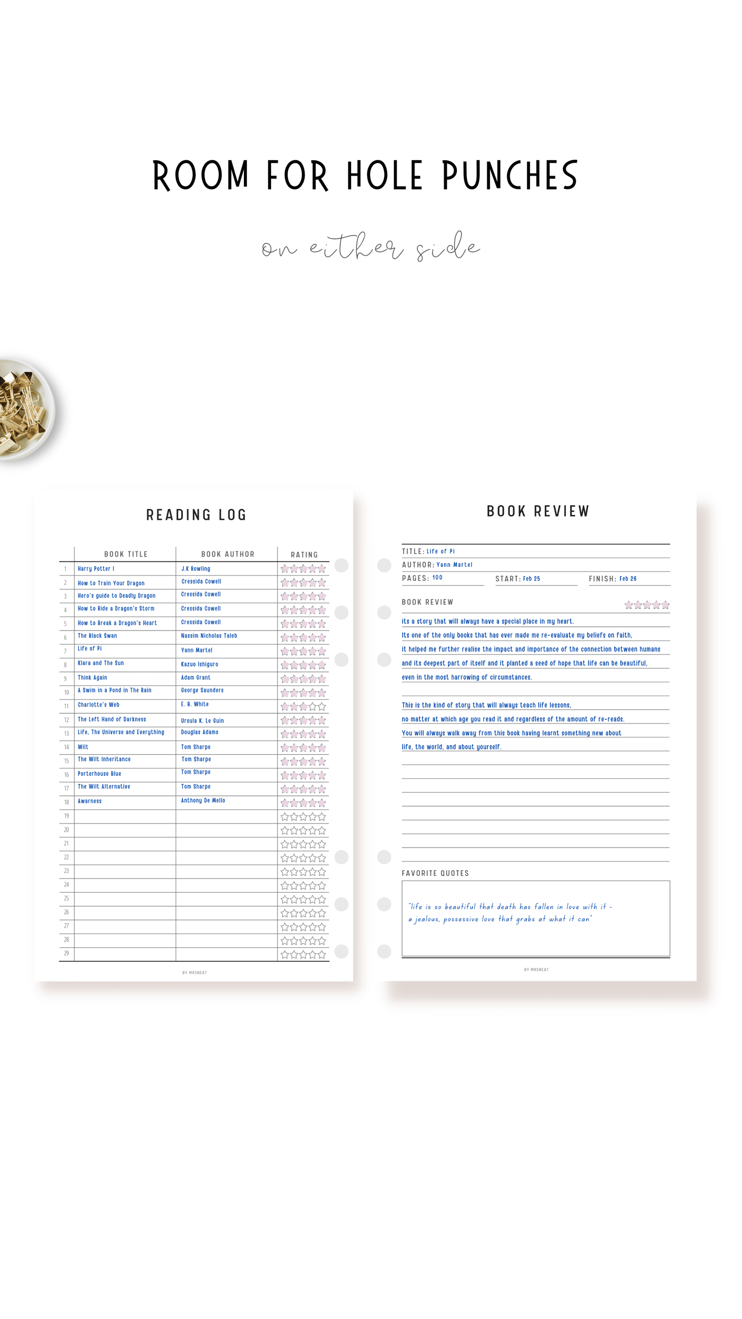 Clean and minimalist Reading Log and Book Review Planner with room for hole punches on either side