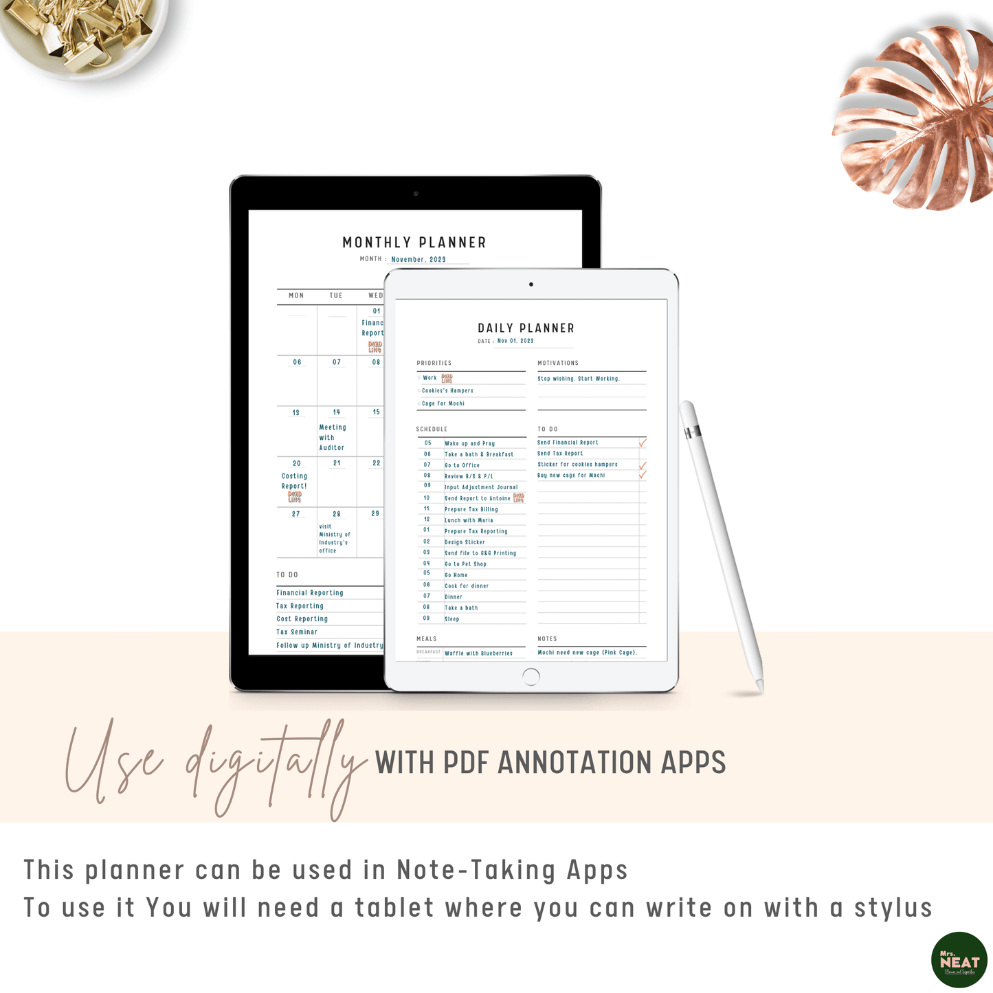 Minimalist Daily and Monthly Planner used digitally with Tablet and Stylus
