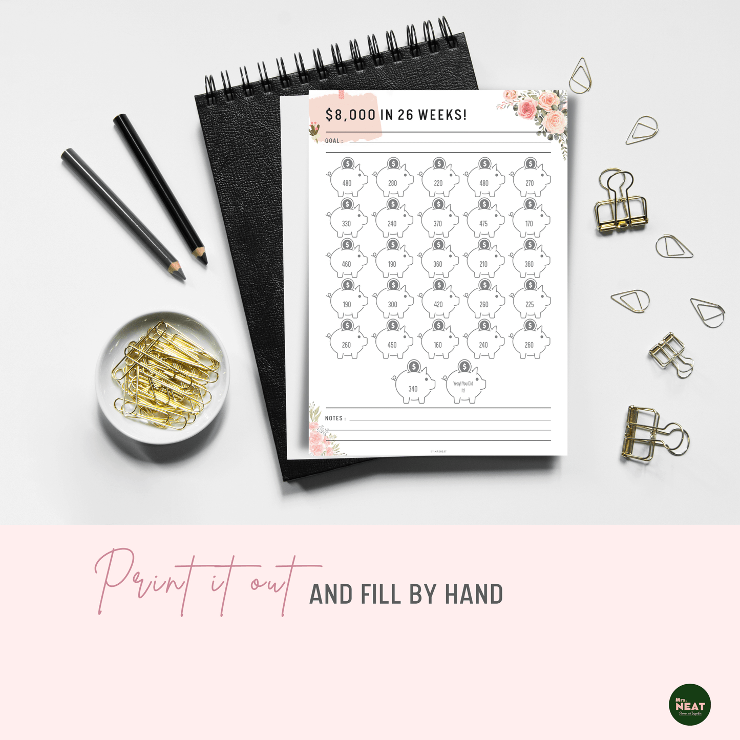 Floral $8000 Money Saving Challenge Planner in 26 Weeks printed out on paper