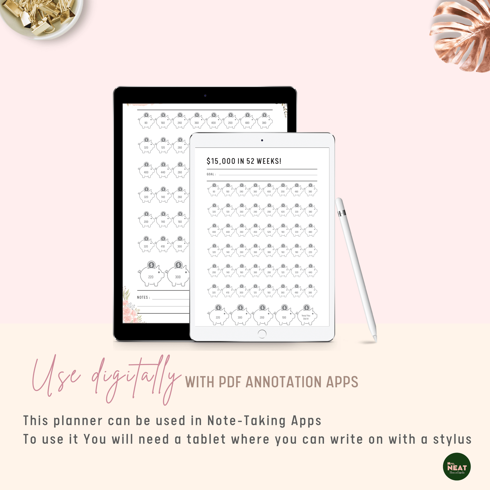 $15,000 Savings Challenge in 52 Week Planner can be use digitally with PDF Annotation Apps
