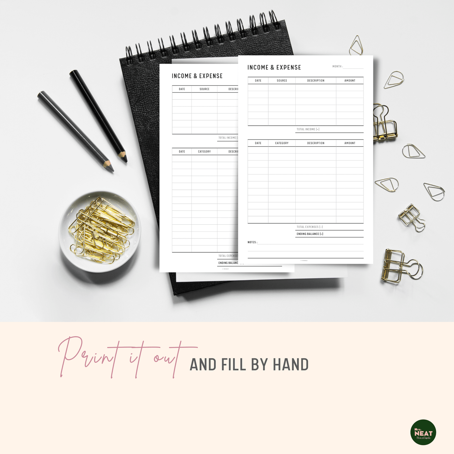 Income and Expense Tracker Planner Printable printed out on paper and put on the black book