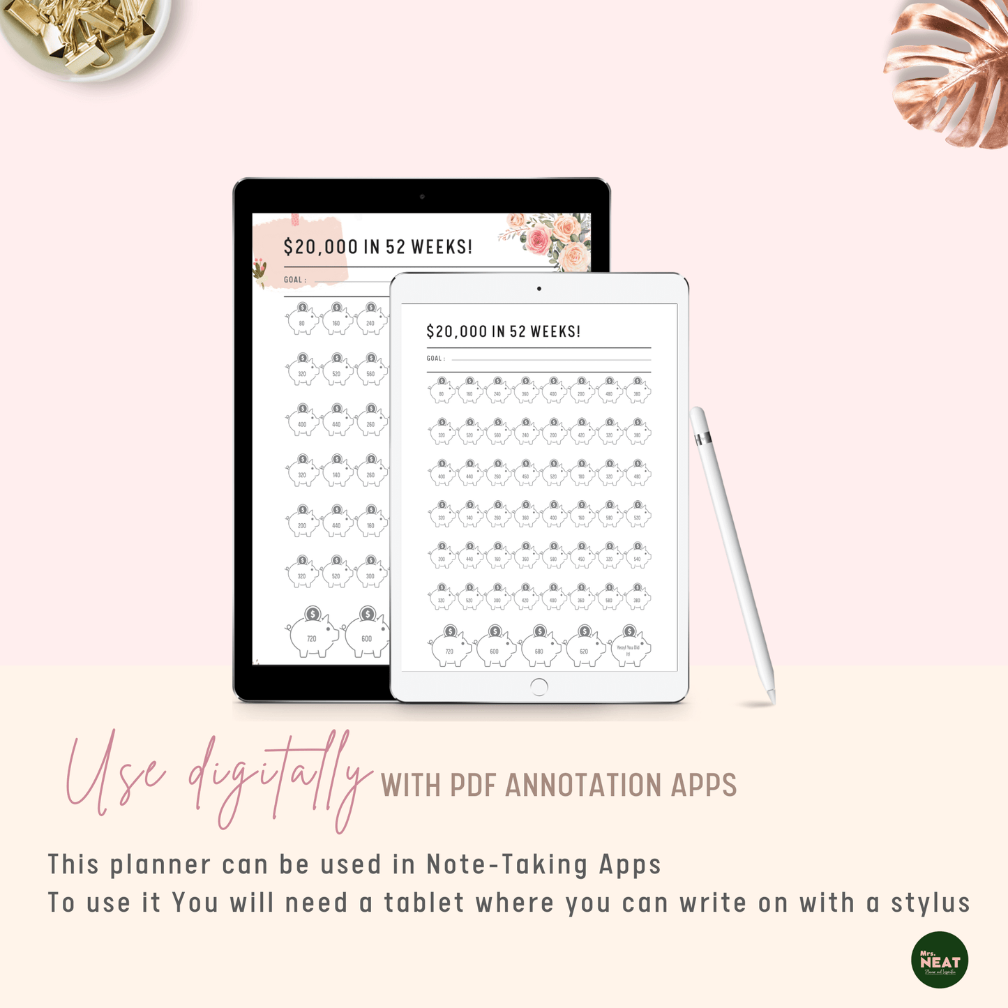 $20,000 Savings Challenge in 52 Weeks Planner can be use digitally with PDF Annotation Apps