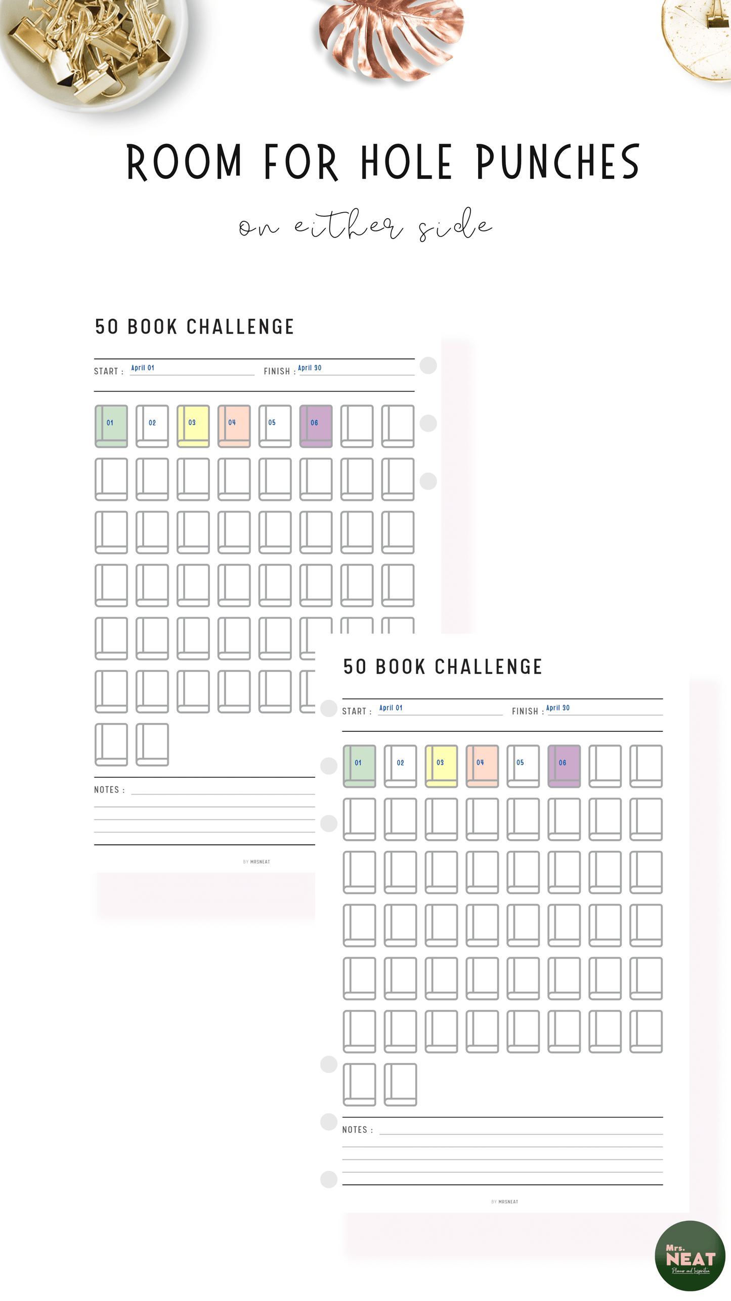 50 Book Challenge Planner in colorful books with room for hole punches on either side