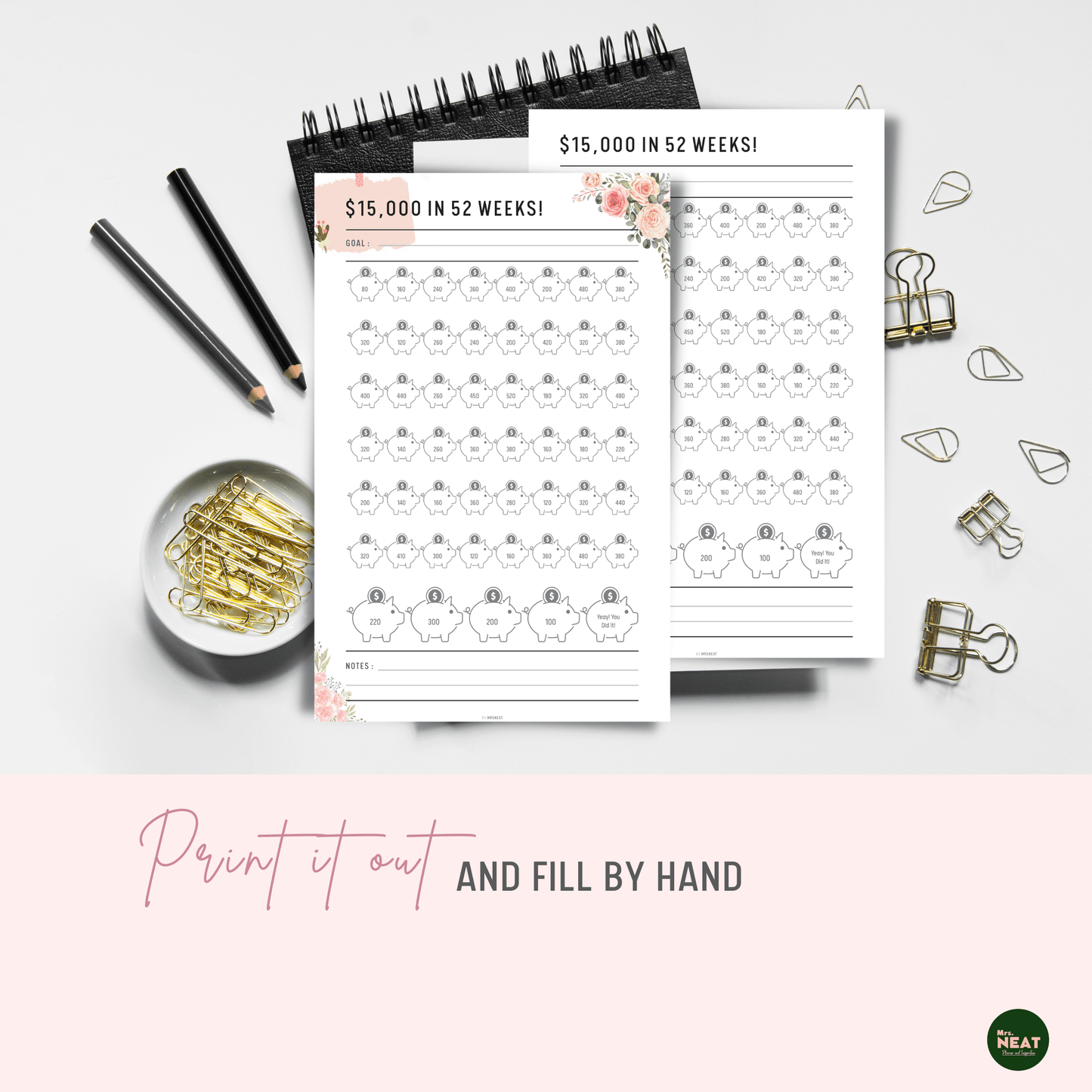 $15,000 Savings Challenge in 52 Week Planner in Neutral & Floral Theme can be print out and fill by hand