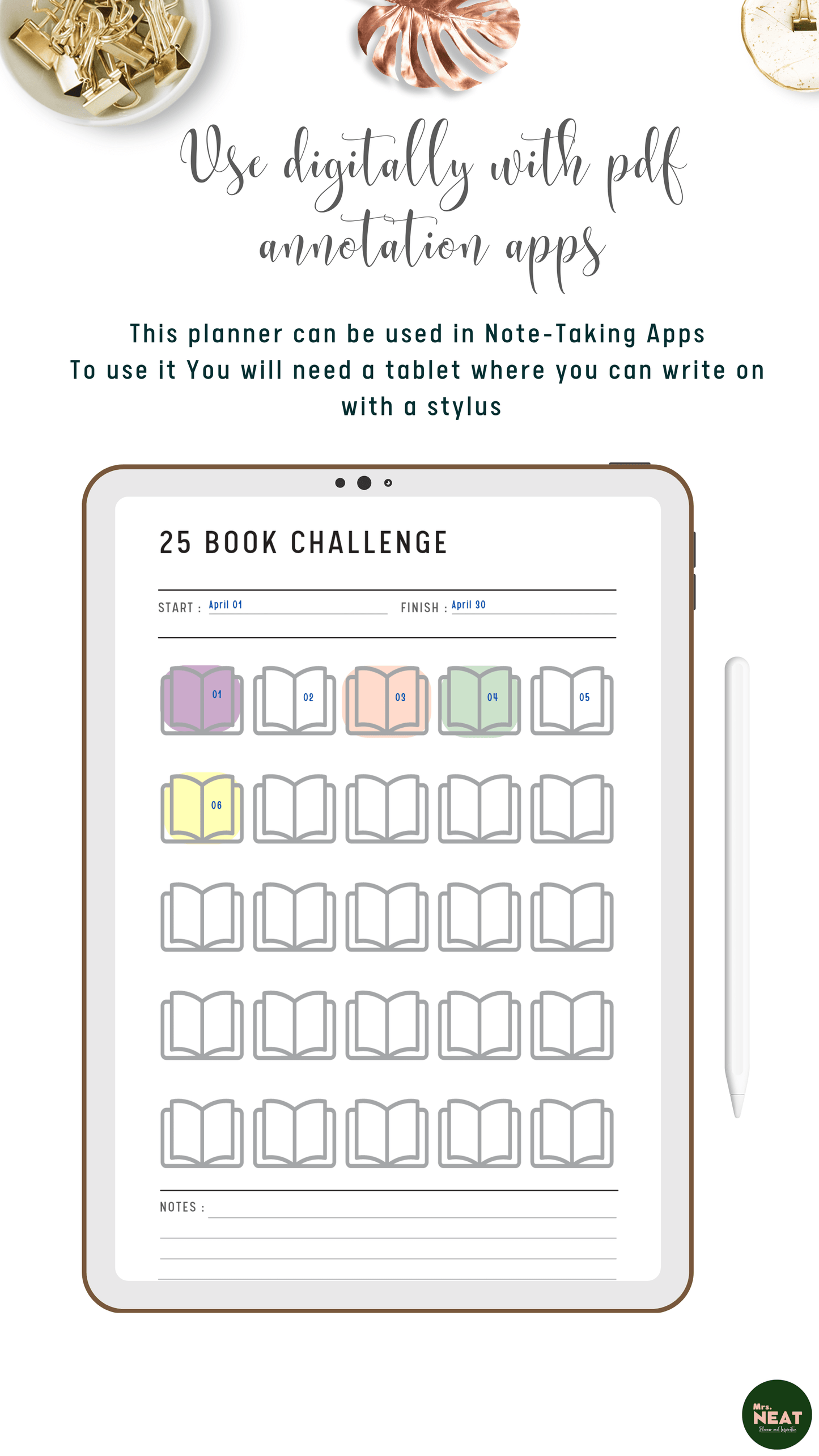 25 Book Challenge Planner with colorful books use digitally on tablet and stylus with PDF annotation apps