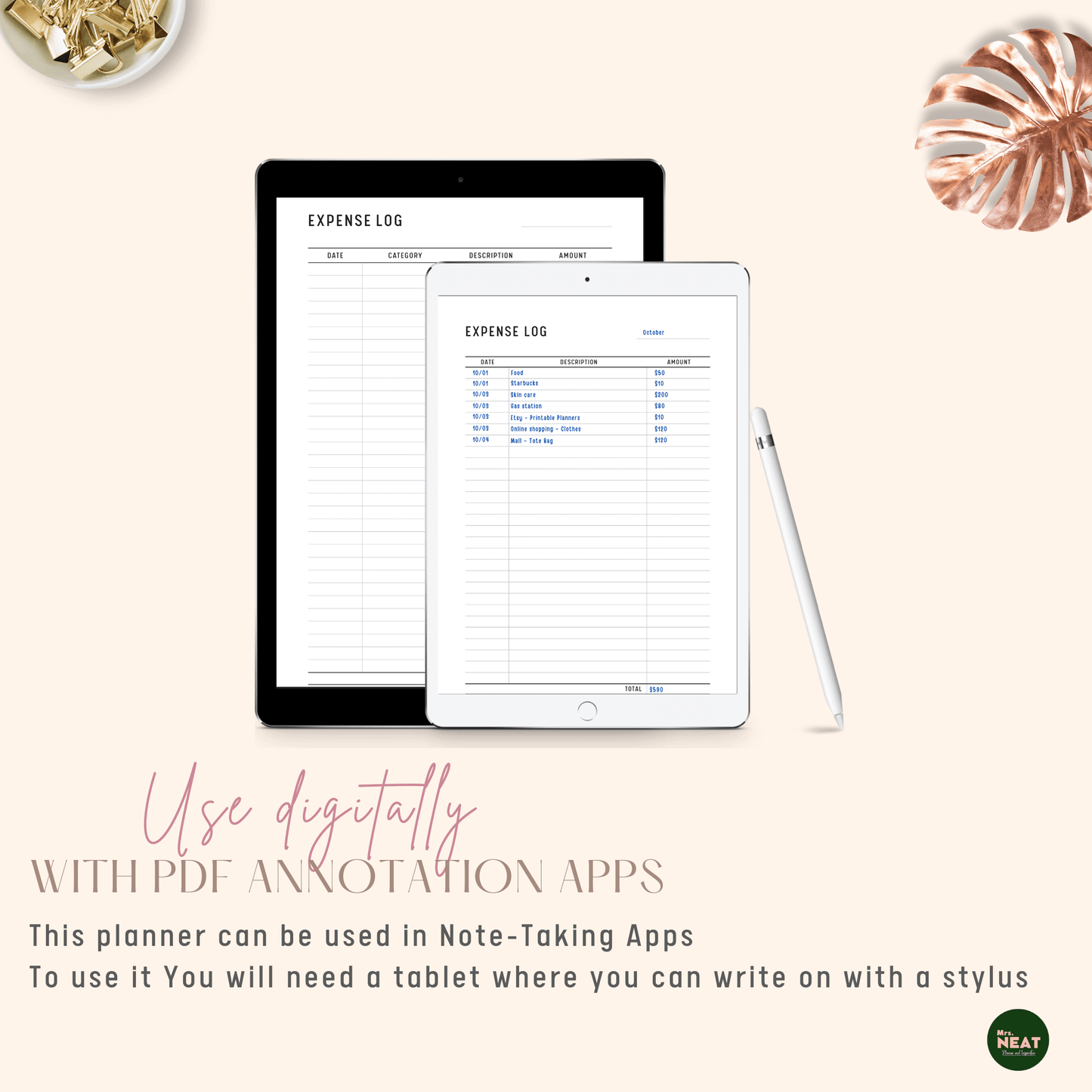 Expense Log Tracker Printable Planner used digitally with Tablet and Stylus
