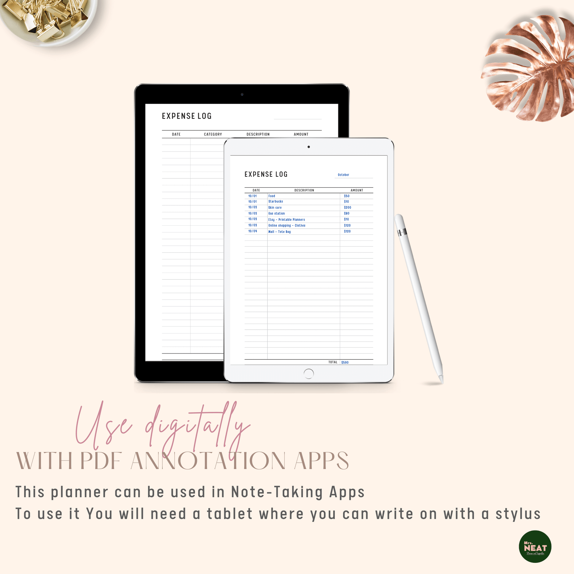 Expense Log Tracker Printable Planner used digitally with Tablet and Stylus