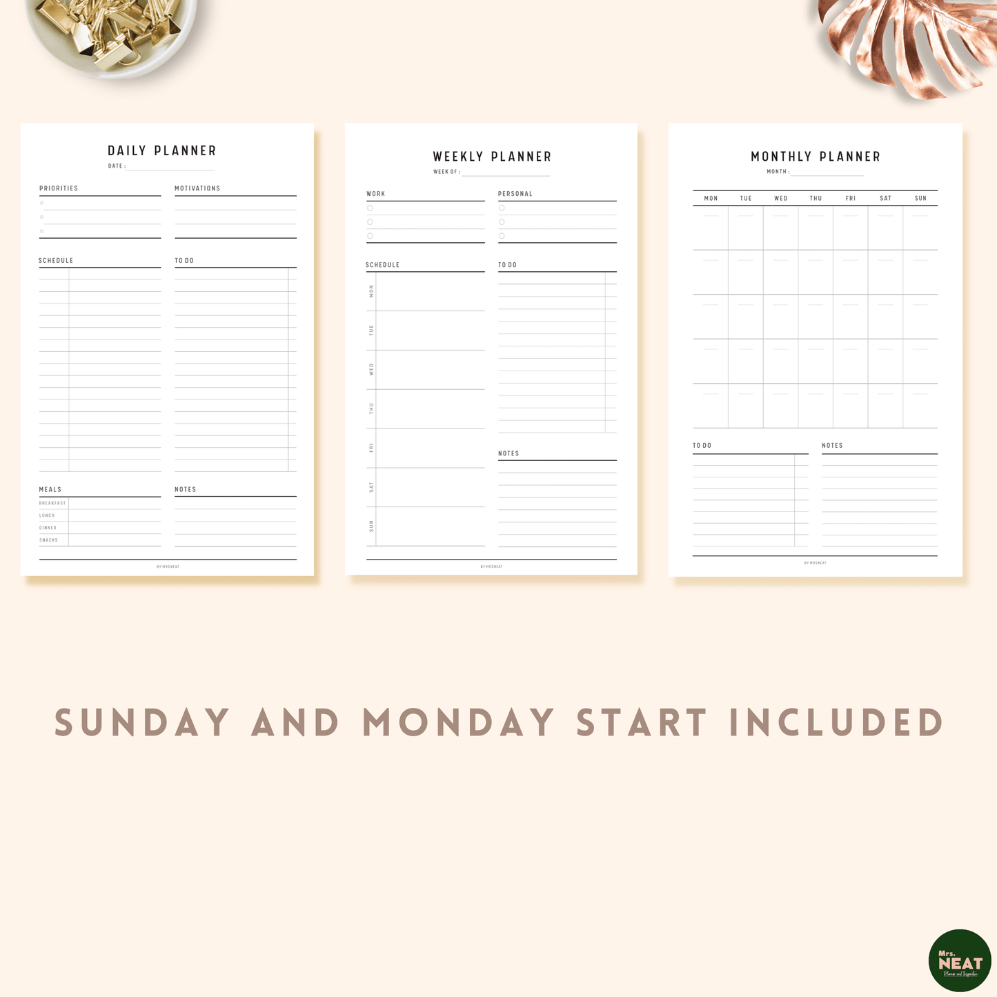 Minimalist and Clean Daily, Weekly and Monthly Planner in Sunday Start and Monday Start