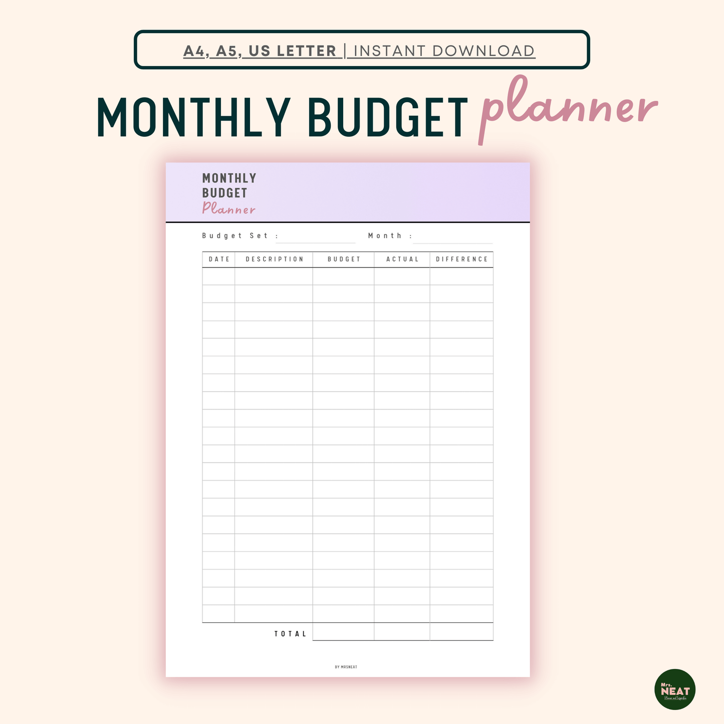 Beautiful Purple Monthly Budget Planner with Budget, actual, difference room and total