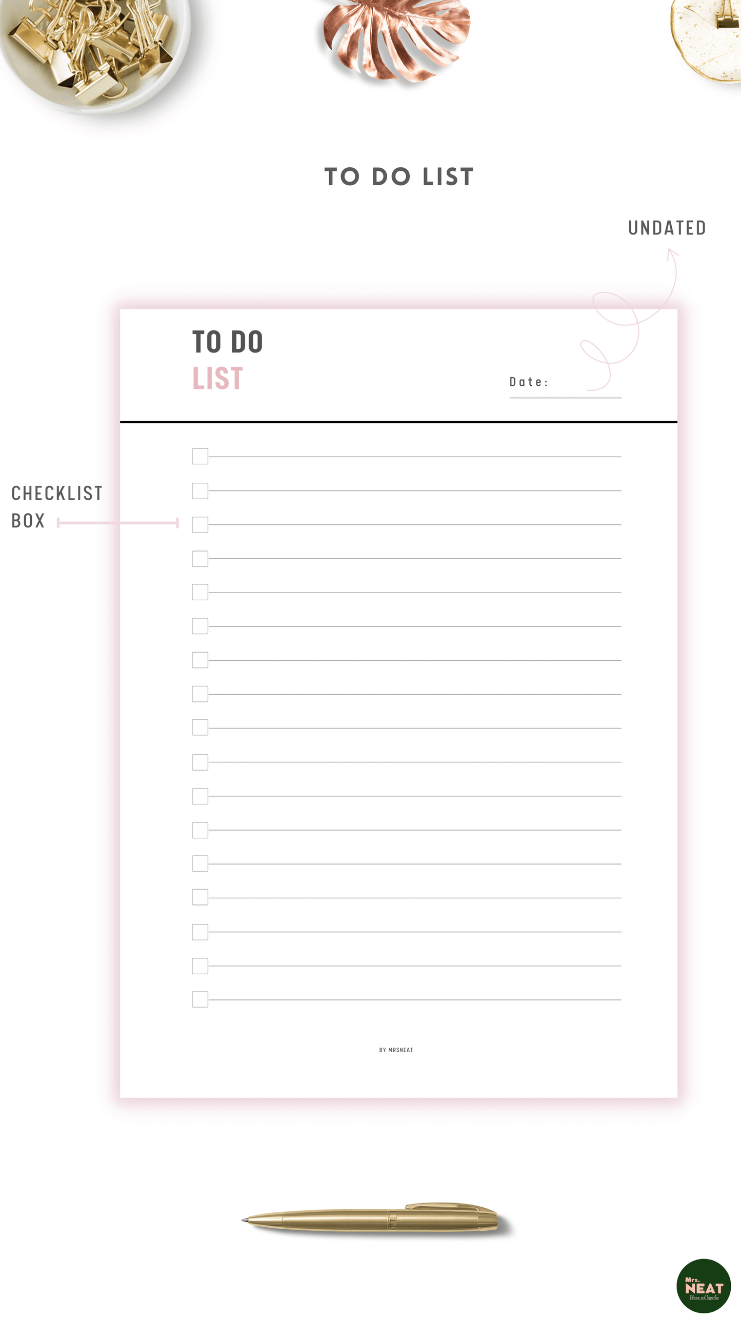 Minimalist and clean To Do List Planner in Black Pink Font Color with checklist box
