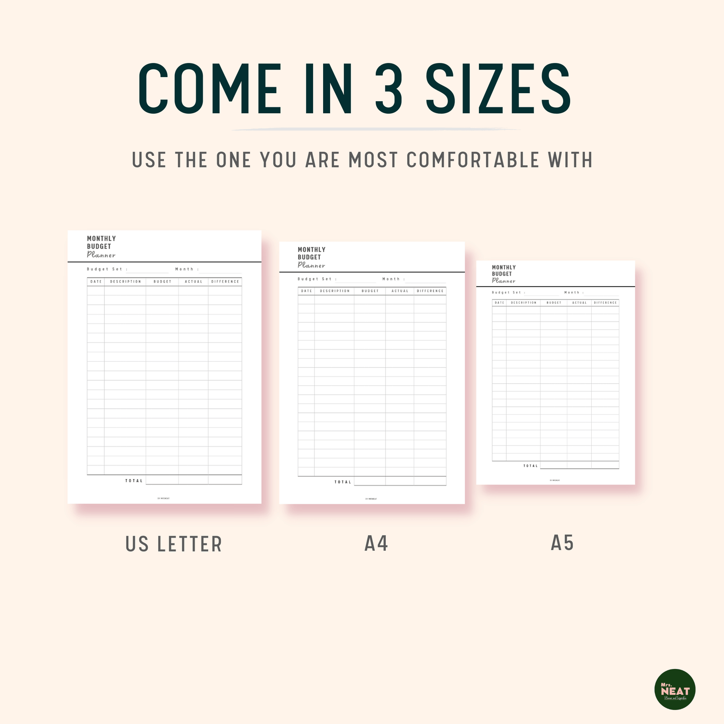 Monthly Budget Planner with Minimalist design in A4, A5 and Letter size