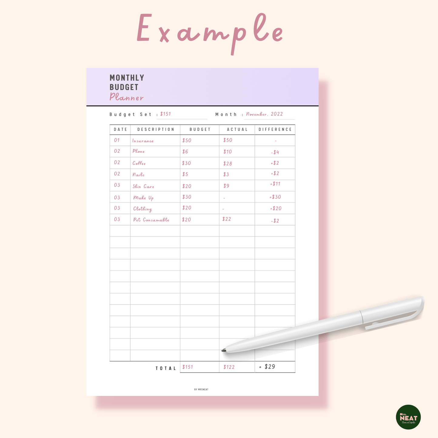Cute and Beautiful Purple Monthly Budget Planner with Budget set, month, and list of Bill Description