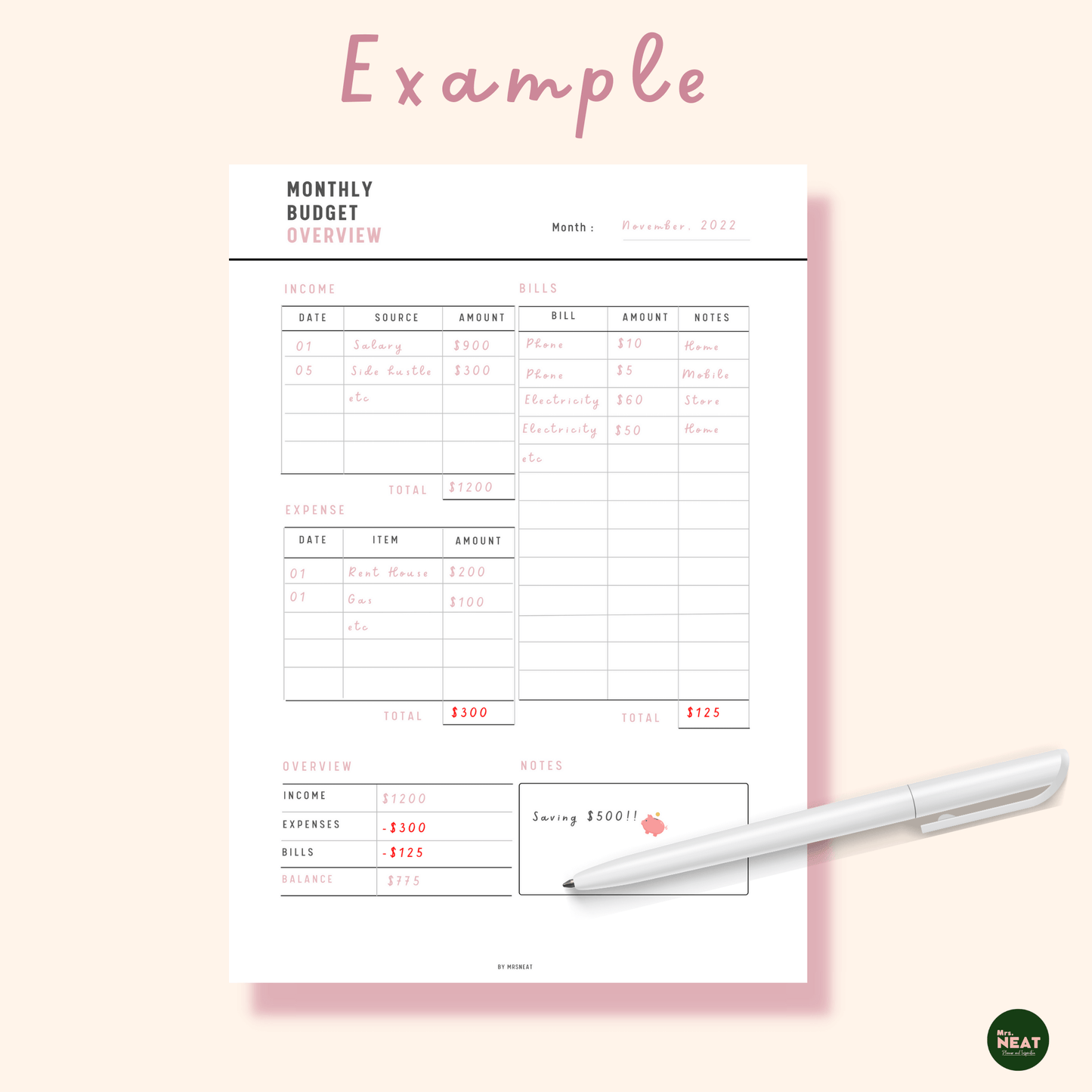Black Pink Monthly Budget Overview with list of income, expense, bills, overview and notes