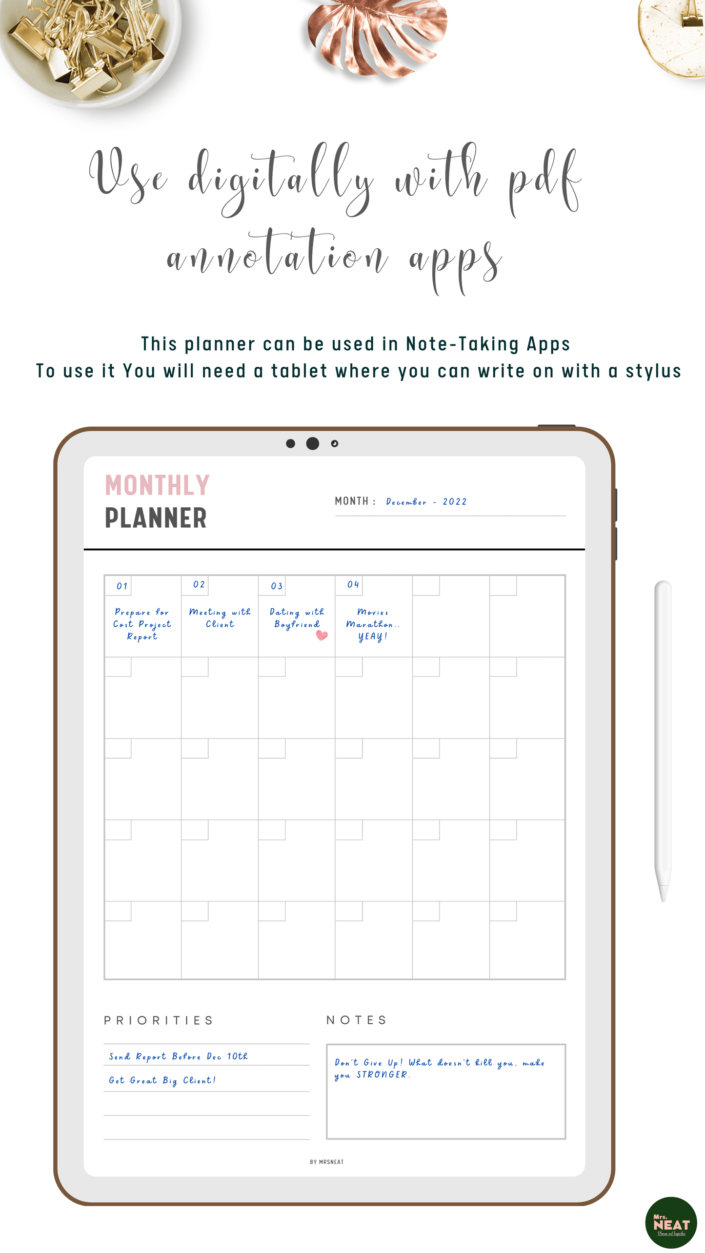 Beautiful and cute Monthly Planner in Black Pink Font Color use digitally on tablet and stylus