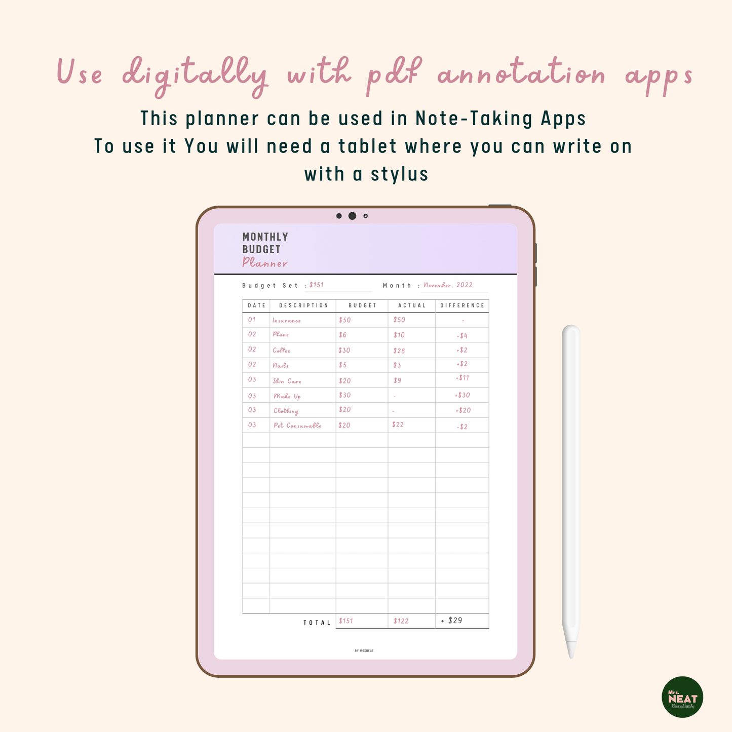 Clean Purple Monthly Budget Planner use digitally with Tablet and Stylus