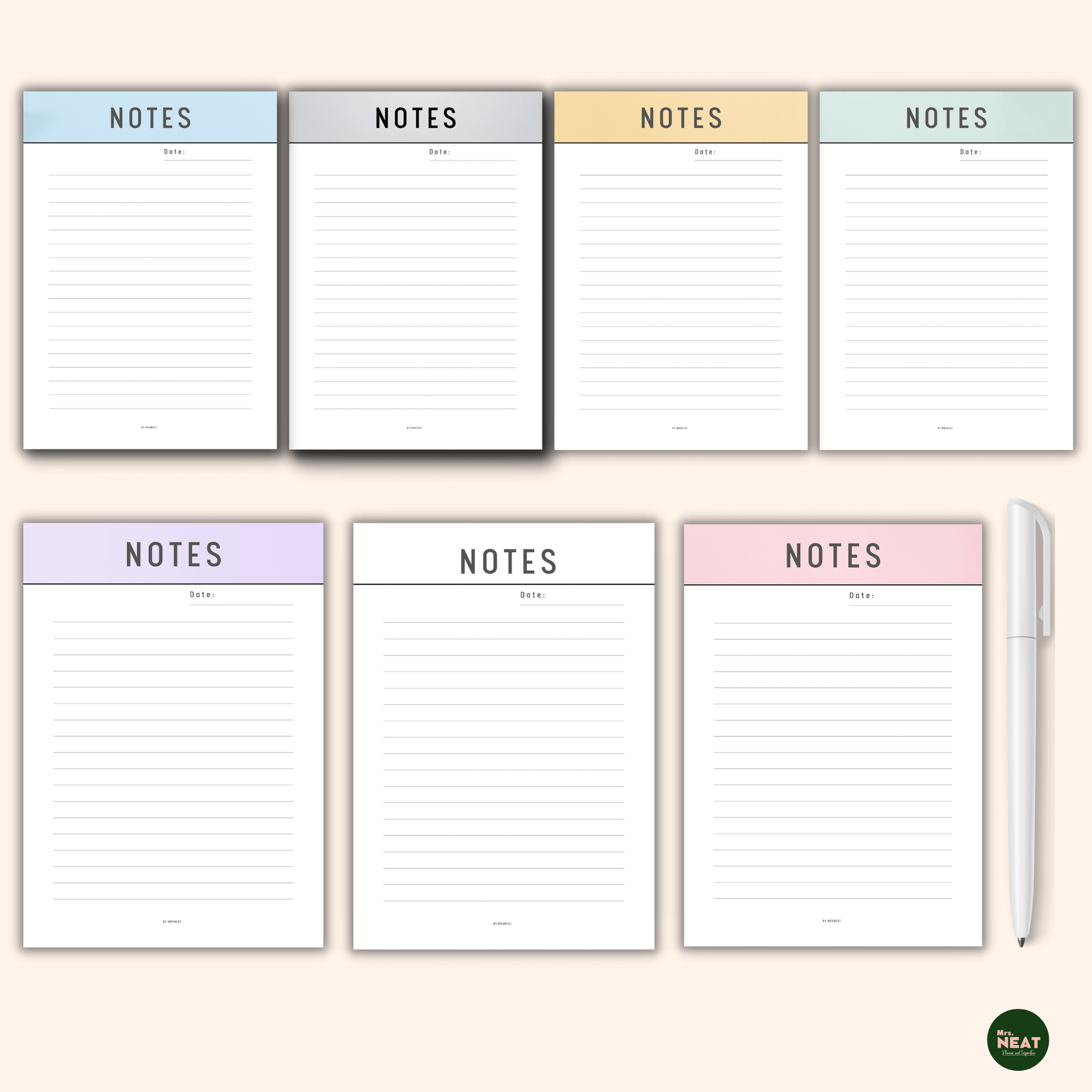 Clean Lined Notes Pages in Blue, grey, yellow, green, purple, neutral and pink color
