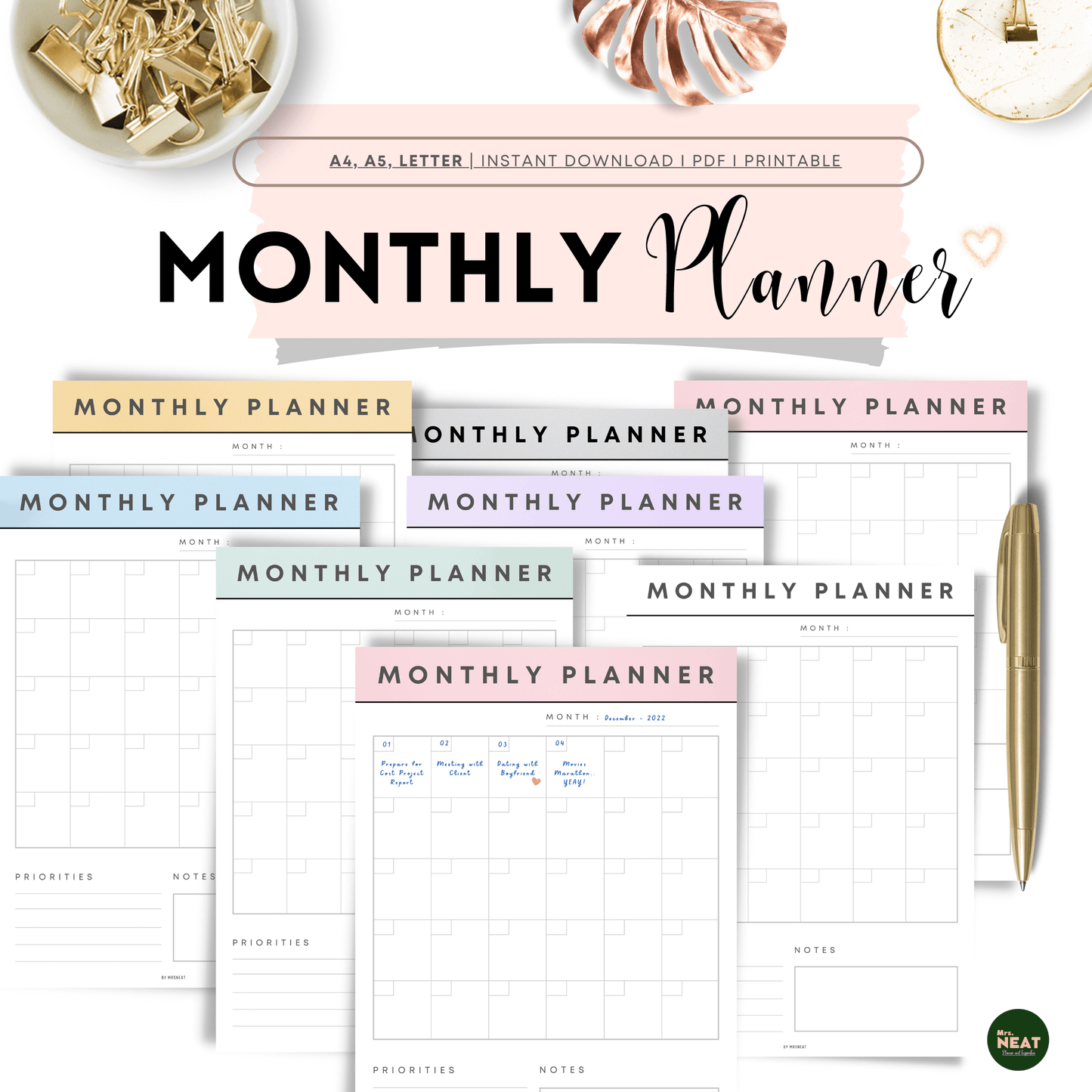Beautiful and cute monthly planner in Yellow, Green, Blue, Pink, Purple, Grey and Neutral color