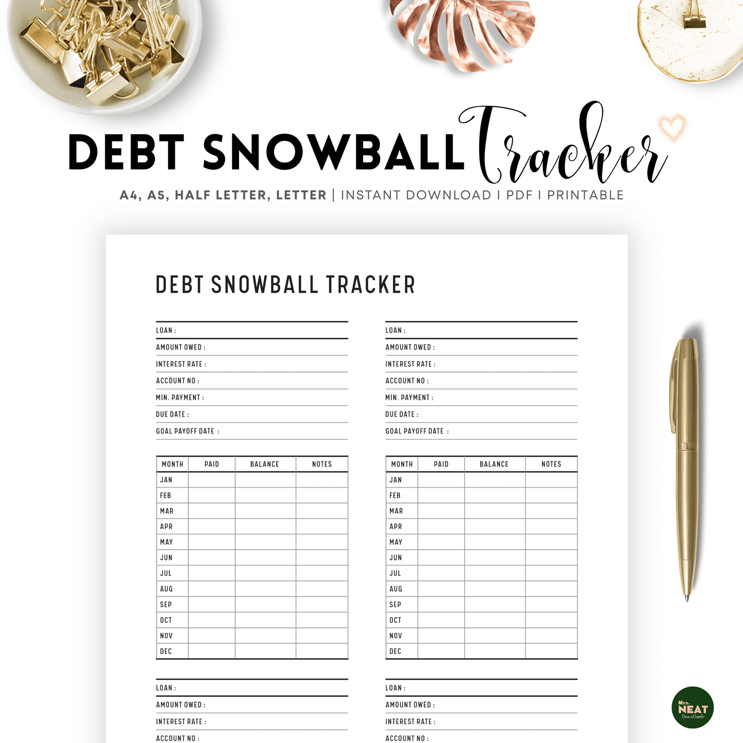 Debt Snowball Tracker Planner Detailed in Clean design