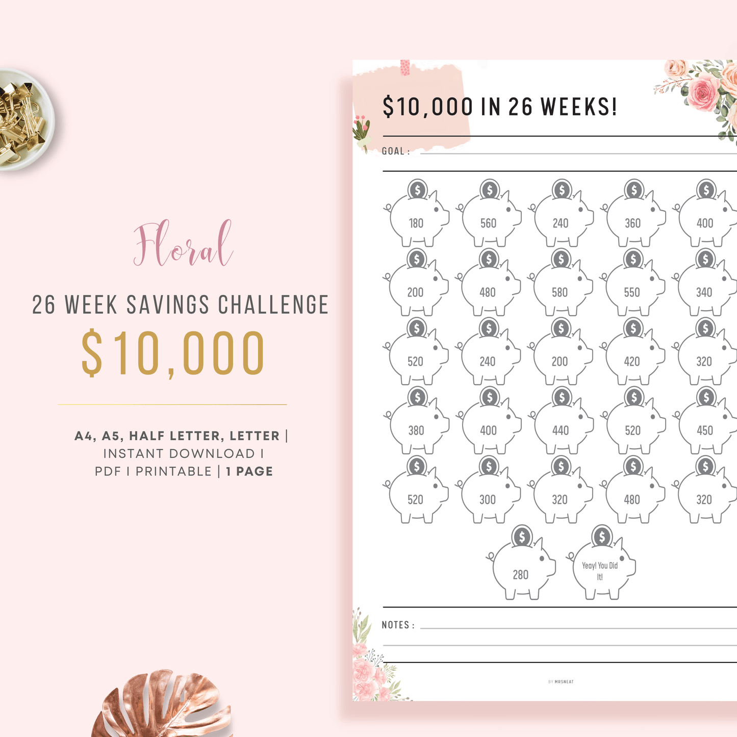 Cute Pink Floral $10000 Saving Challenge Planner in 26 Weeks