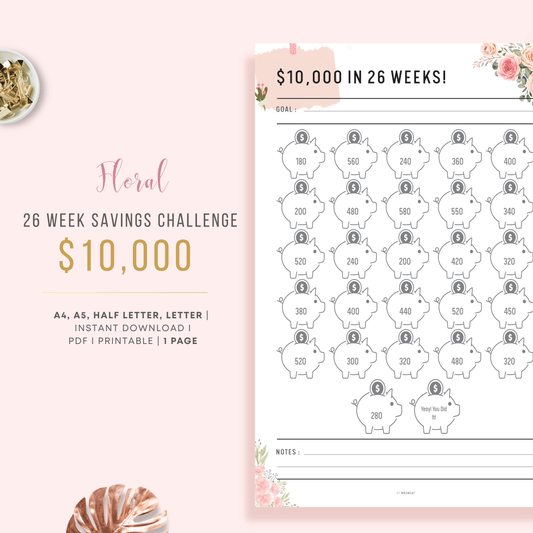 Cute Pink Floral $10000 Saving Challenge Planner in 26 Weeks