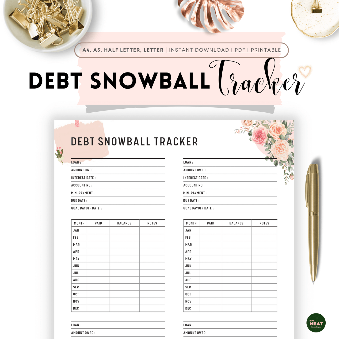 Cute and Beautiful Pink Floral Detailed Debt Snowball Tracker